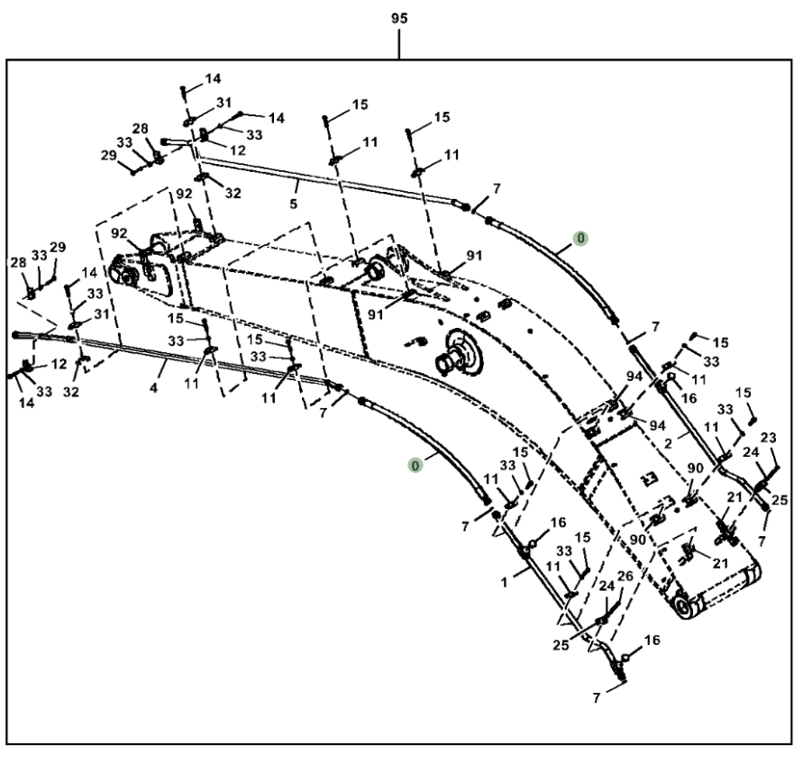 Hitachi ZX210-5N installation diagram showing hydraulic hose 4649213 at Pipe No. 0