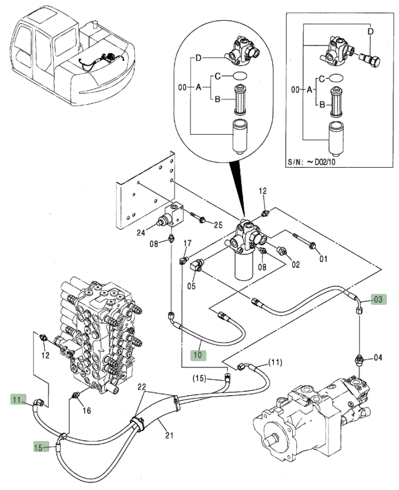 Hitachi ZX80 installation diagram showing hydraulic hose 4463067 at Pipe No. 10