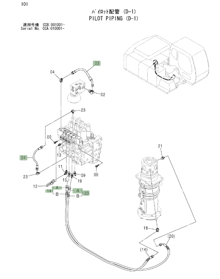 Hitachi ZX180W installation diagram showing hydraulic hose 4451995 at Pipe No. 24