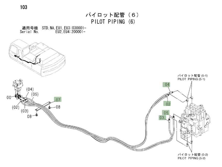 Hitachi ZX330LC installation diagram showing hydraulic hose 4440365 at Pipe No. 4