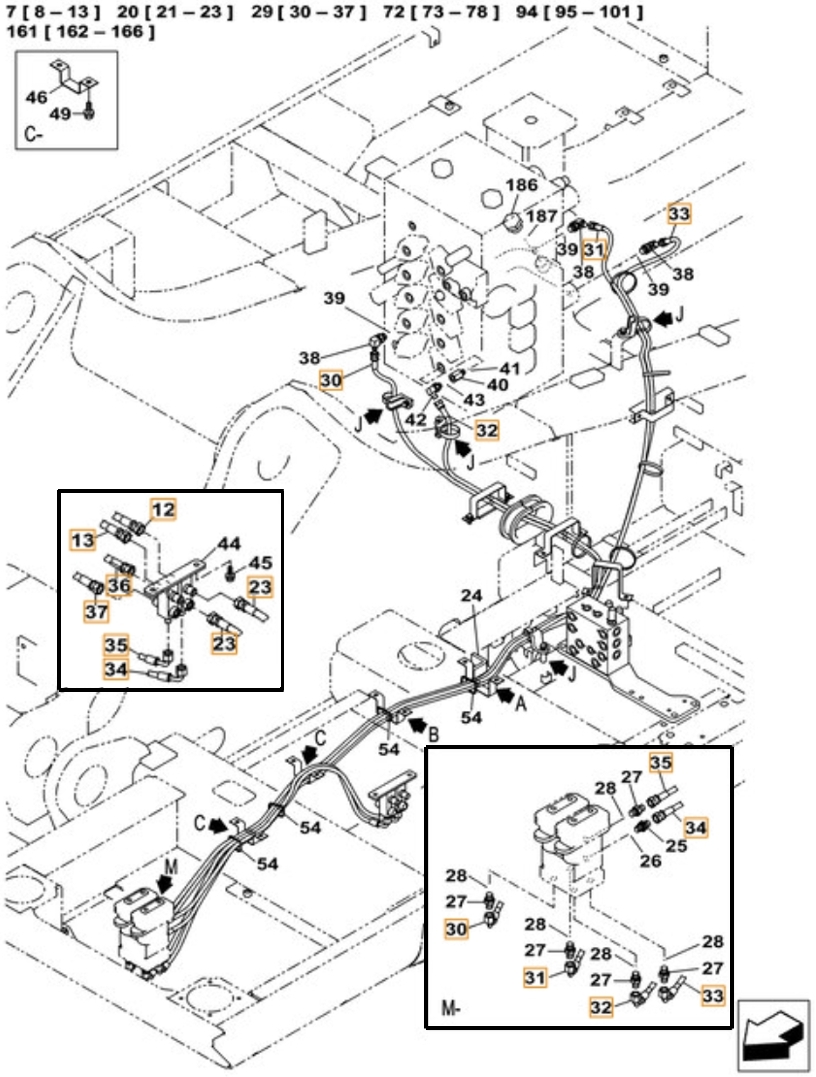 Case CX490C installation diagram showing hydraulic hose KHJ12230 at Pipe No. 33