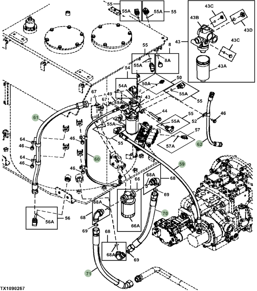 Hitachi ZX470LC-5B installation diagram showing hydraulic hose 4308657 at Pipe No. 62