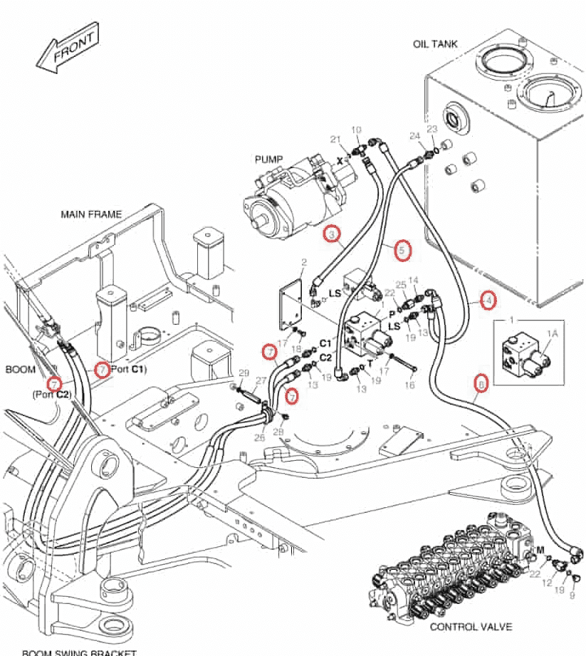 Doosan DX85R-3 installation diagram showing hydraulic hose DS2138002 at Pipe No. 6