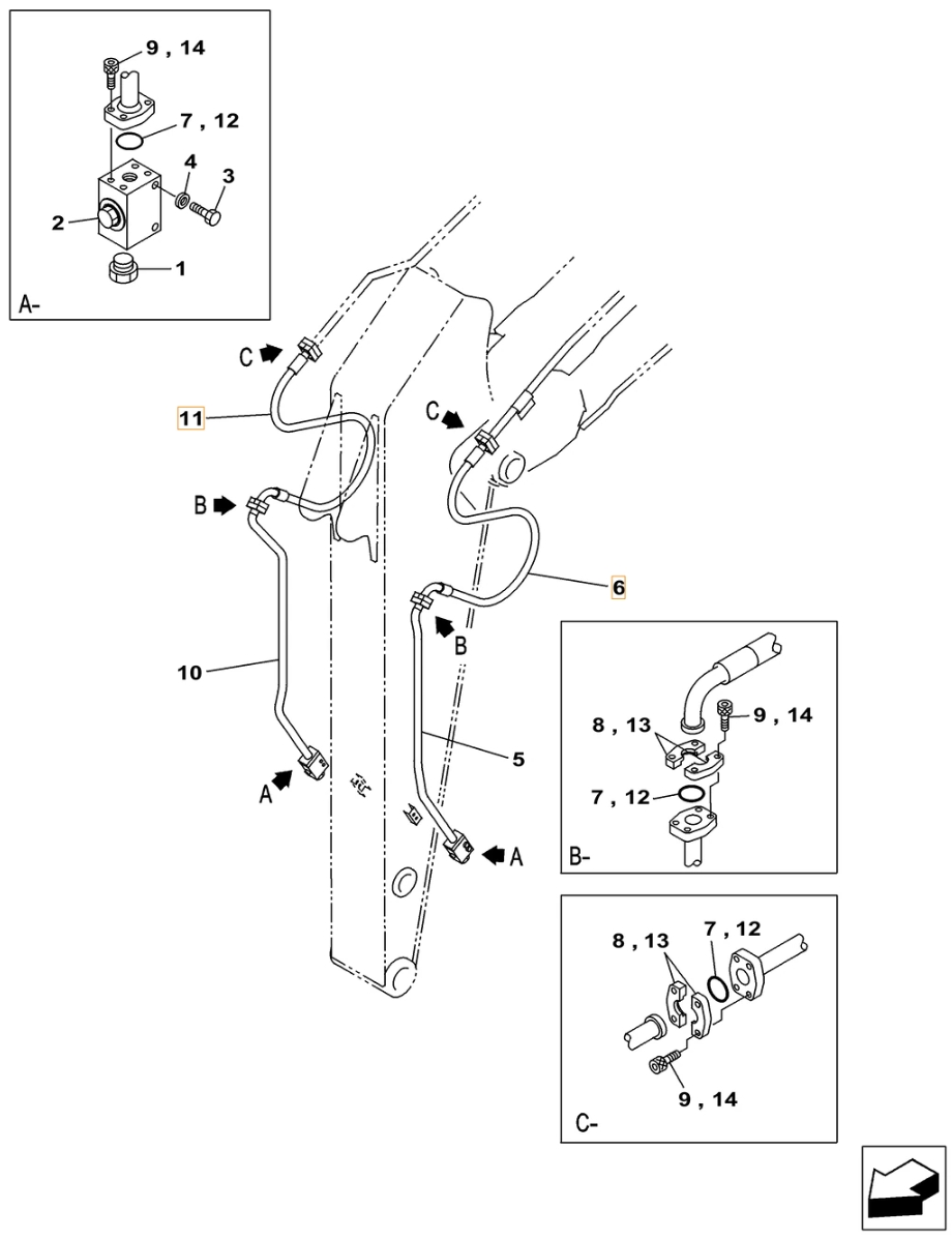 Case CX490C LC installation diagram showing hydraulic hose KBV15980 at Pipe No. 6