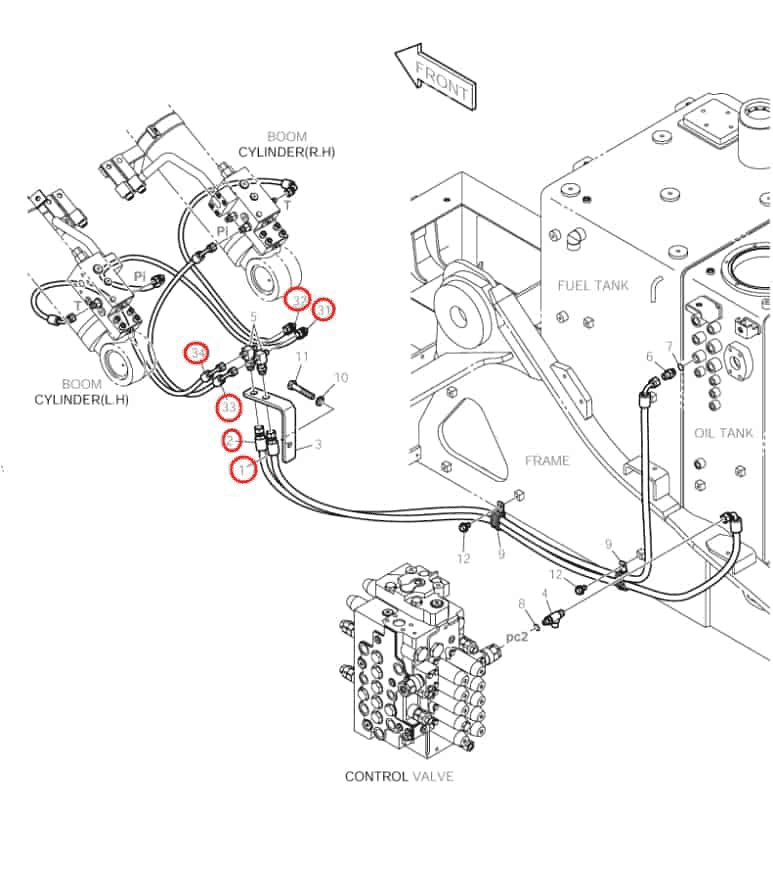 Doosan DX160LC installation diagram showing hydraulic hose DS2093042 at Pipe No. 1