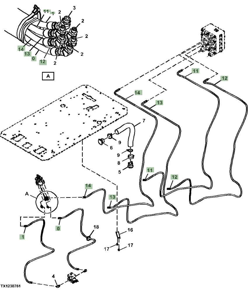 Hitachi ZX470LC-5G installation diagram showing hydraulic hose 4713139 at Pipe No. 14