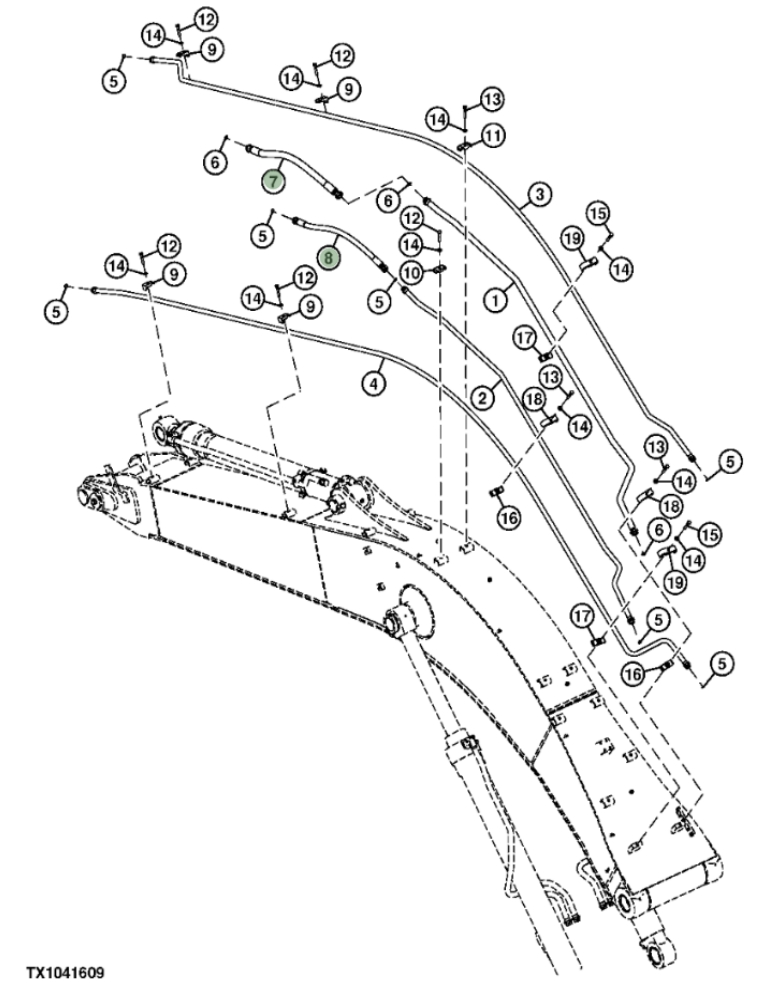 Hitachi ZX210F-3 installation diagram showing hydraulic hose 4676586 at Pipe No. 8