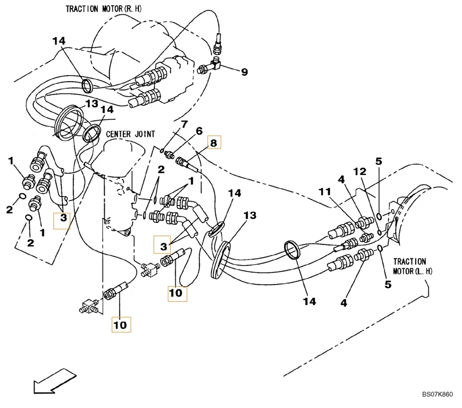 Case CX225SR installation diagram showing hydraulic hose 165933A1 at Pipe No. 10