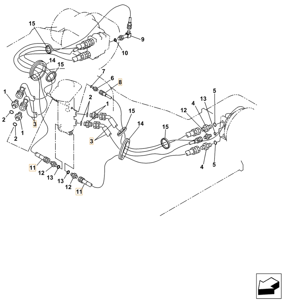 Case CX210C-8 installation diagram showing hydraulic hose 165933A1 at Pipe No. 11
