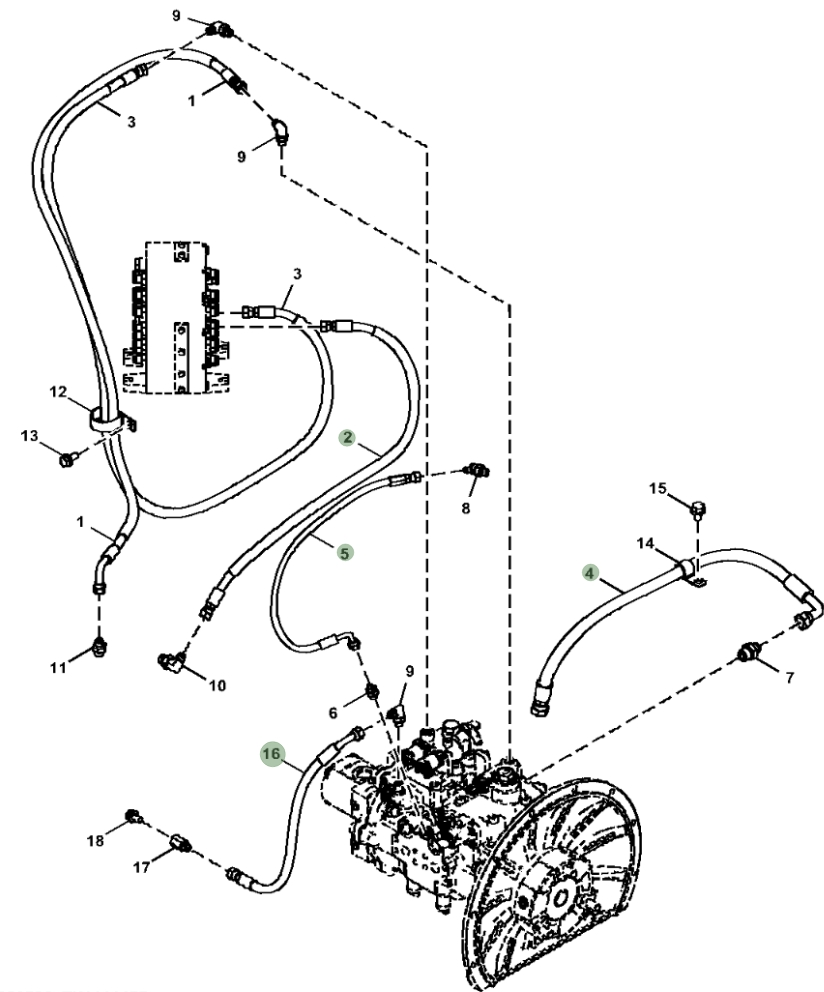 Hitachi ZX130-5N installation diagram showing hydraulic hose 4654417 at Pipe No. 16