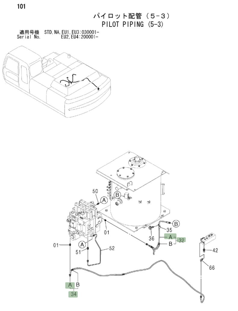Hitachi ZX330LC installation diagram showing hydraulic hose 4437795 at Pipe No. 32