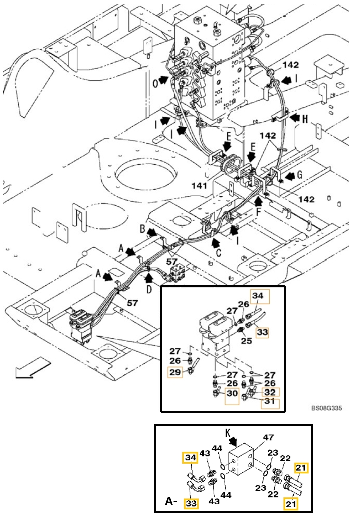 Case CX470B installation diagram showing hydraulic hose KHJ18960 at Pipe No. 29