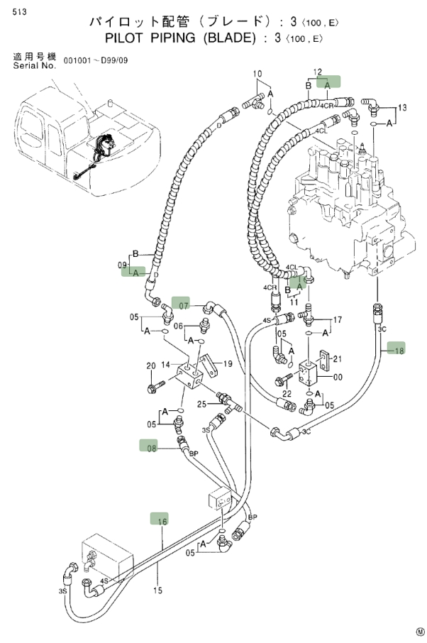 Hitachi EX100M-5 installation diagram showing hydraulic hose 4378641 at Pipe No. 12A