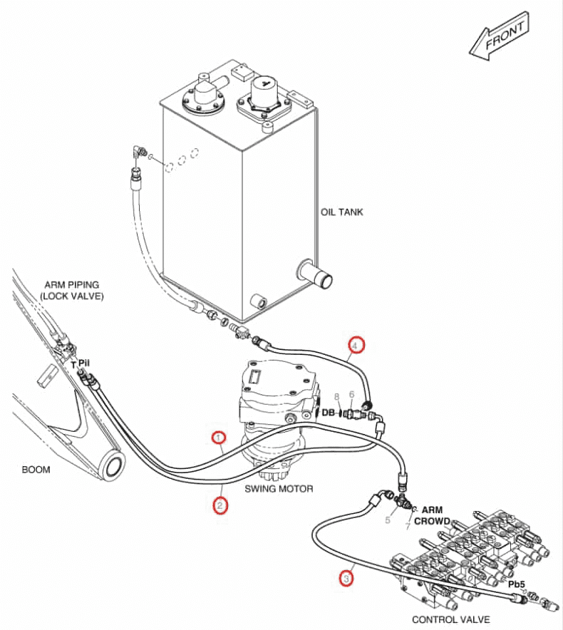 Doosan DX35Z installation diagram showing hydraulic hose DS2094010 at Pipe No. 4