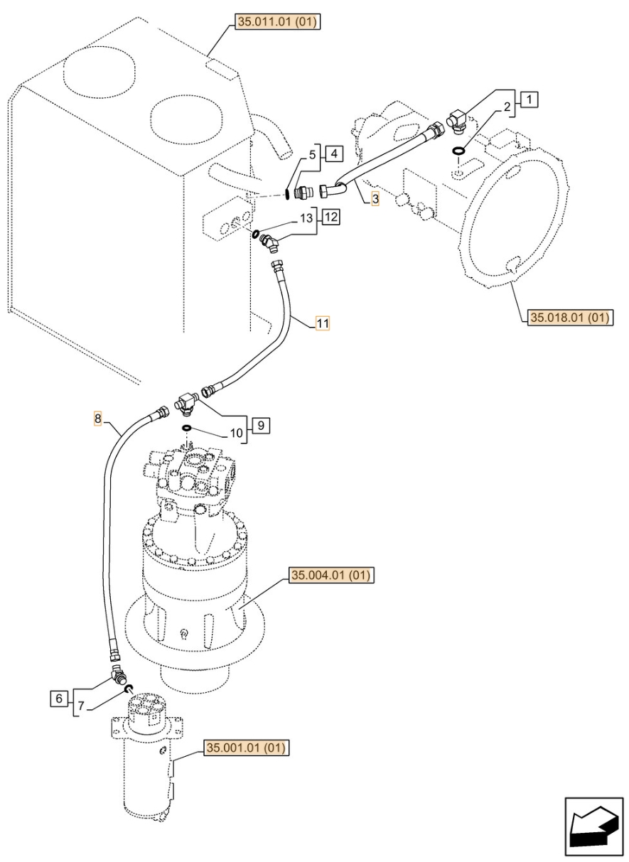 Case CX210C LC installation diagram showing hydraulic hose KAJ2420 at Pipe No. 3