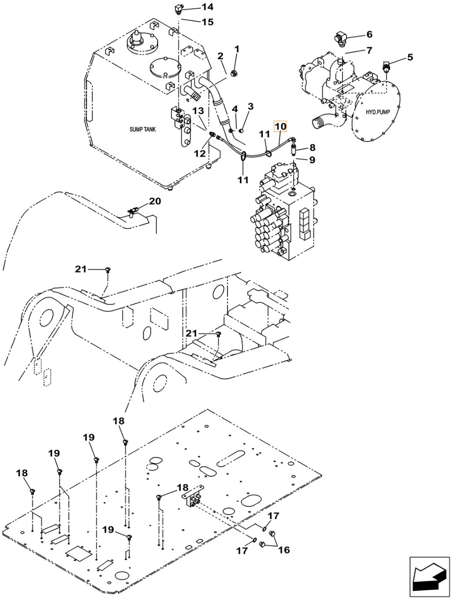 Case CX370C installation diagram showing hydraulic hose KHJ2249 at Pipe No. 10