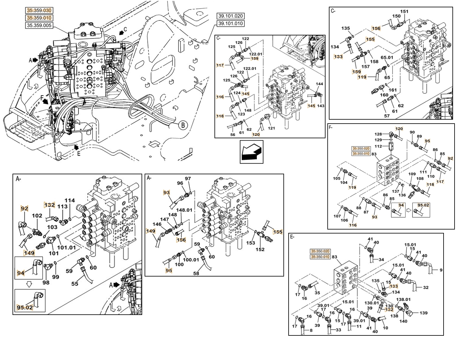 Case CX145C SR installation diagram showing hydraulic hose KHJ2238 at Pipe No. 159