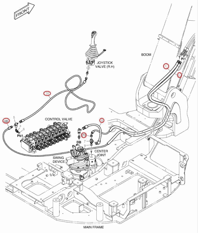 Doosan DX85R-3 installation diagram showing hydraulic hose DS2094502 at Pipe No. 2