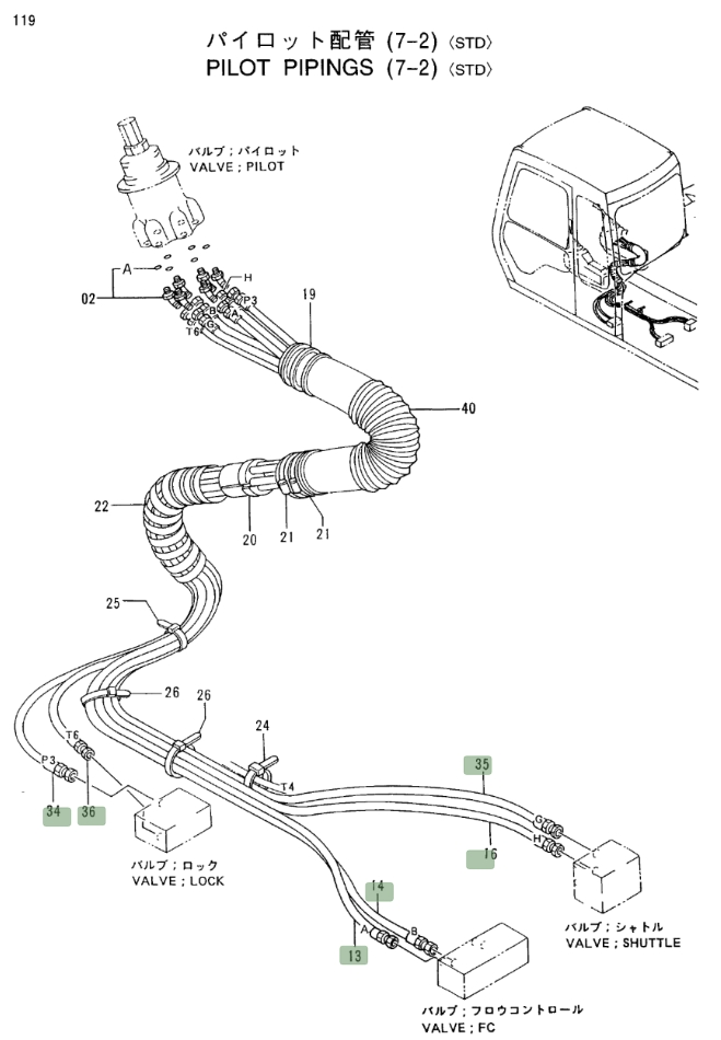 Hitachi EX400LC-3C installation diagram showing hydraulic hose 4287546 at Pipe No. 36