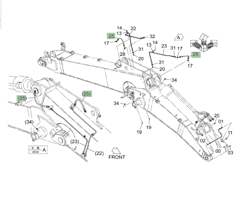 Hitachi ZX120-3 installation diagram showing hydraulic hose 4472408 at Pipe No. 25