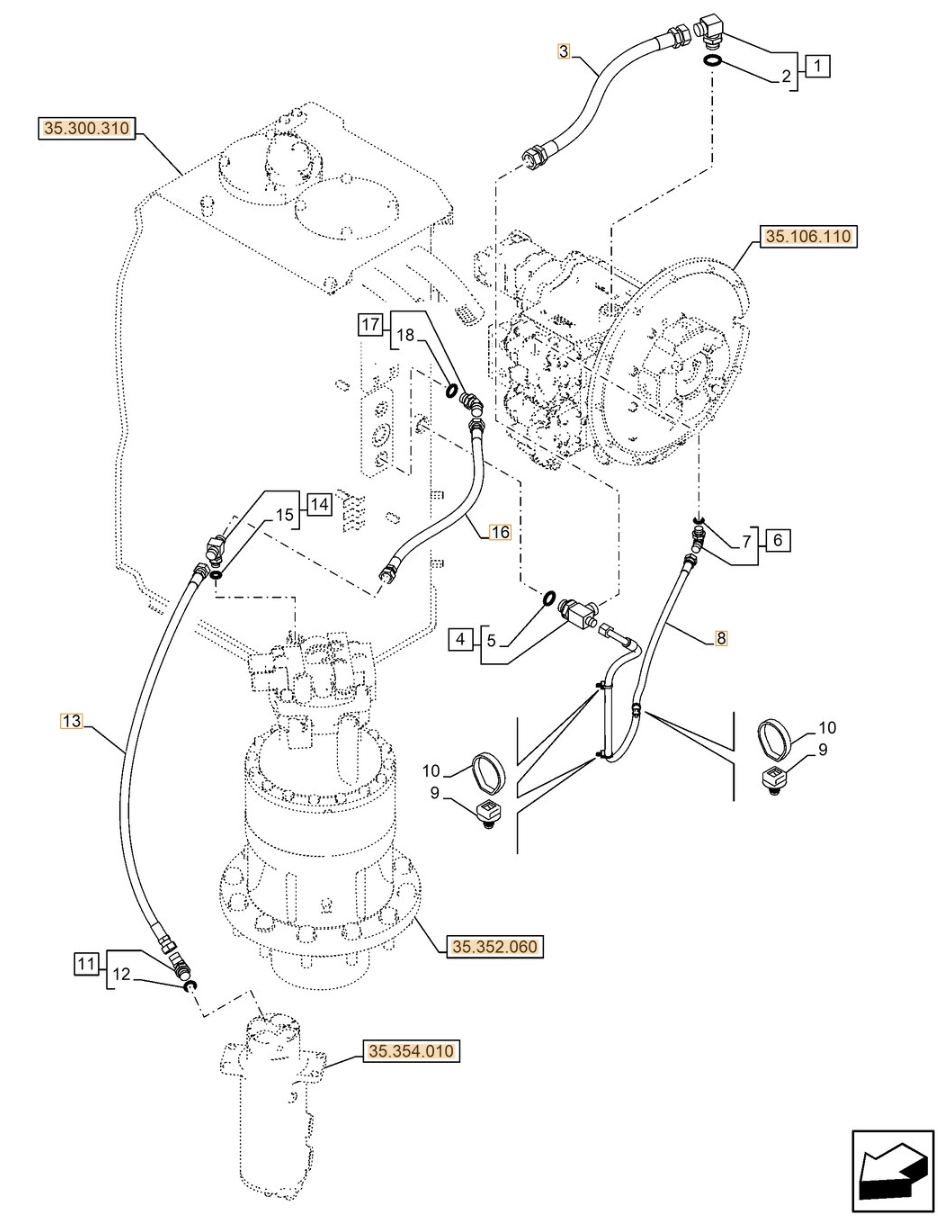 Case CX210E NLC installation diagram showing hydraulic hose KRJ11540 at Pipe No. 3