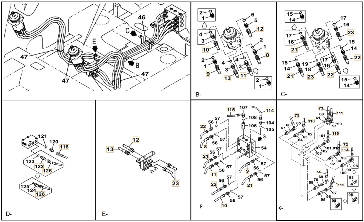 Case CX130C W/B installation diagram showing hydraulic hose KHJ2310 at Pipe No. 75