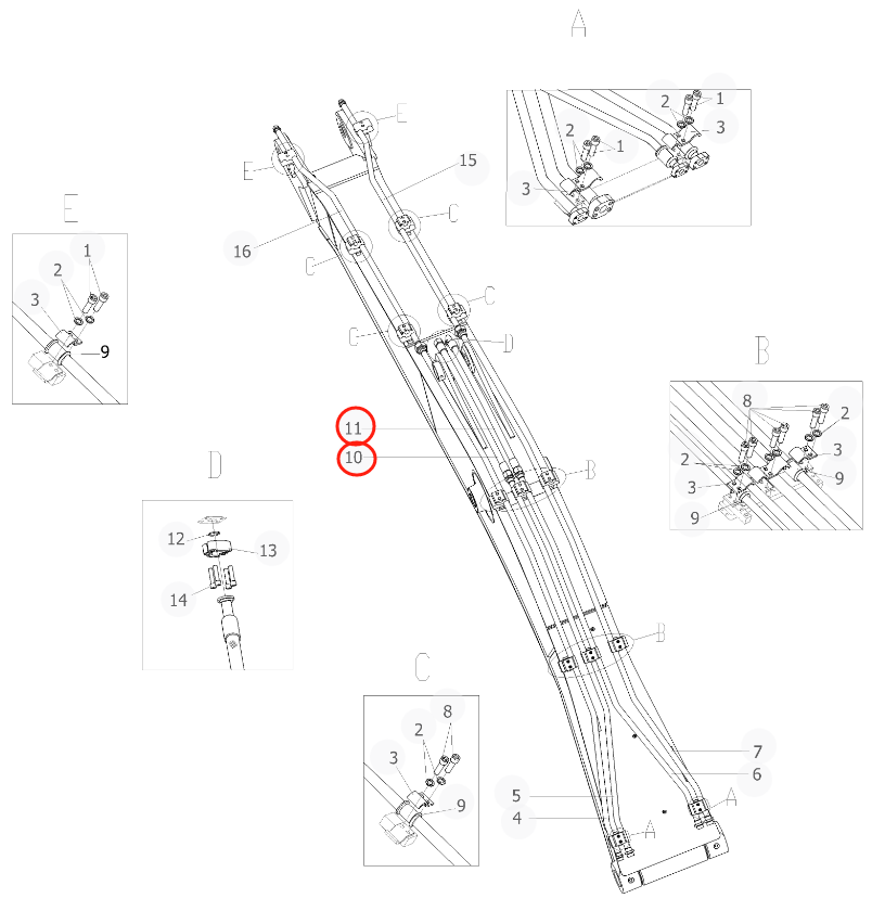 Sunward SWE135E-3H installation diagram showing hydraulic hose 73050200C298 at Pipe No. 11