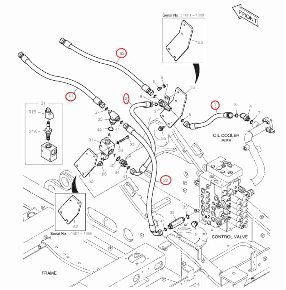 Doosan DX160W-3 installation diagram showing hydraulic hose DS2011962 at Pipe No. 62