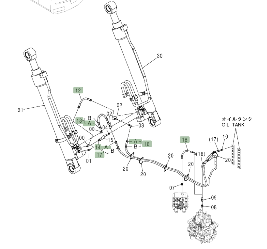 Hitachi ZX180W installation diagram showing hydraulic hose 4436267 at Pipe No. 13A