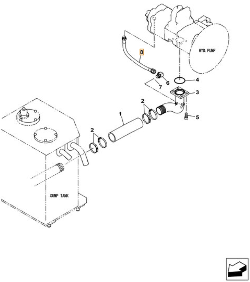 Case CX380C LC installation diagram showing hydraulic hose KSJ16140 at Pipe No. 8