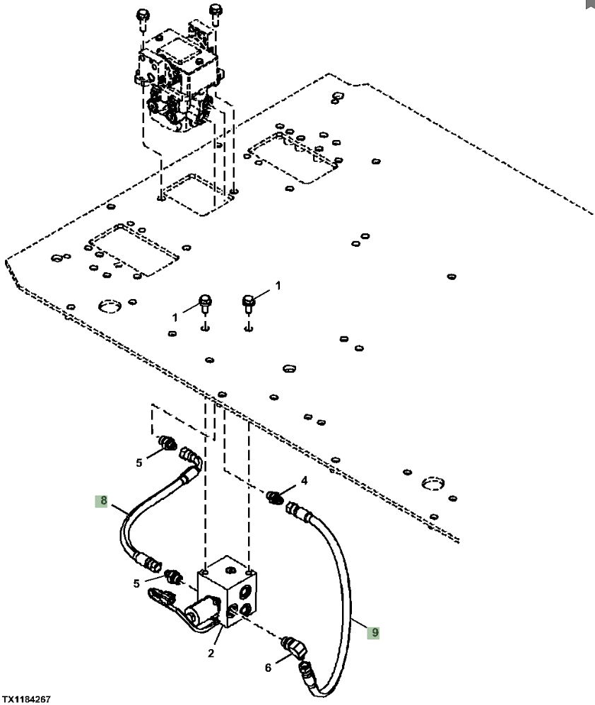 Hitachi ZX470-5A installation diagram showing hydraulic hose 4648087 at Pipe No. 8