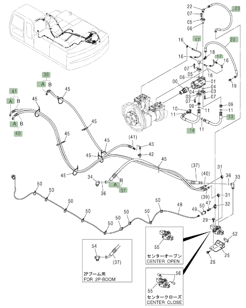 Hitachi ZX370 installation diagram showing hydraulic hose 4313427 at Pipe No. 20