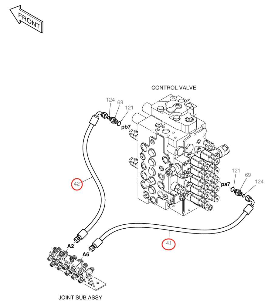 Doosan DX140W-5 installation diagram showing hydraulic hose DS2121297 at Pipe No. 41