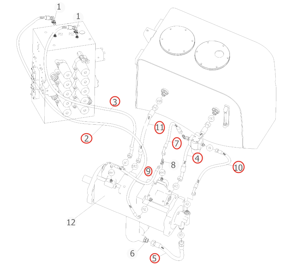 Sunward SWE470E-3 installation diagram showing hydraulic hose 730502003209 at Pipe No. 10