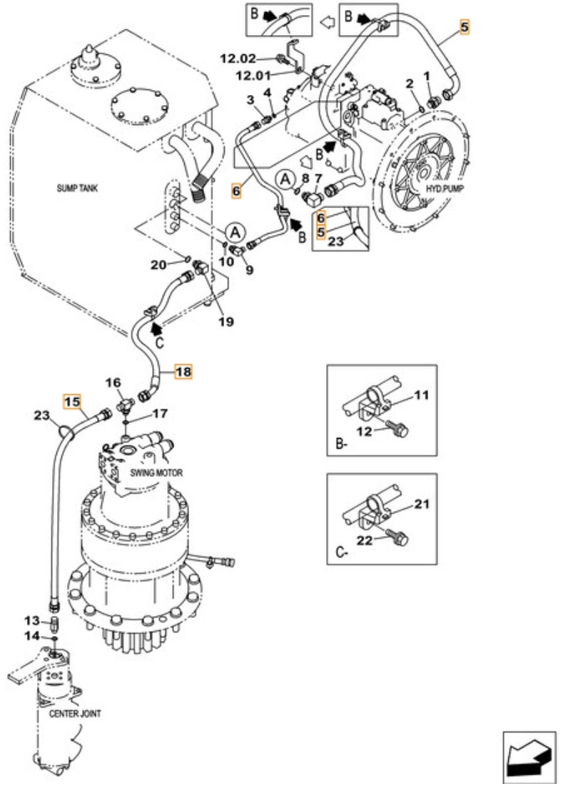 Case CX490C installation diagram showing hydraulic hose KTJ12080 at Pipe No. 15