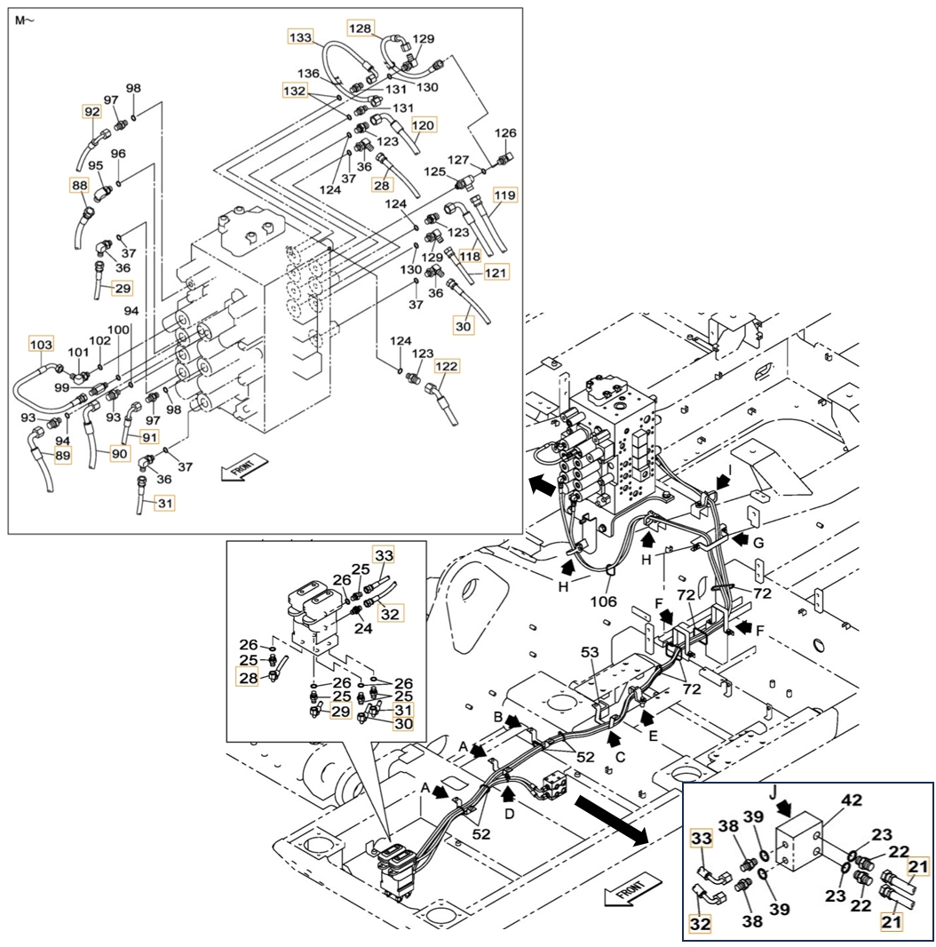 Case CX370B installation diagram showing hydraulic hose KHJ11500 at Pipe No. 28