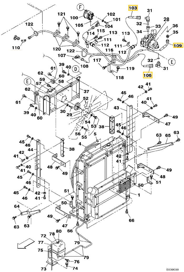 Case CX460 installation diagram showing hydraulic hose KTH10850 at Pipe No. 103