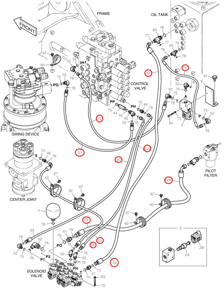 Doosan DX140LC-3 installation diagram showing hydraulic hose DS2121010 at Pipe No. 23