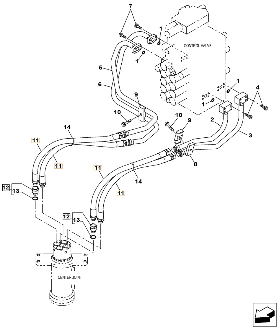 Case CX210C-8 installation diagram showing hydraulic hose KRJ10710 at Pipe No. 11