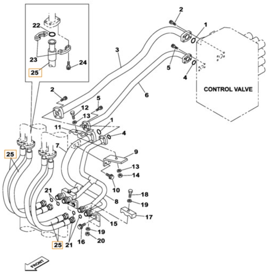Case CX470C installation diagram showing hydraulic hose KTJ13470 at Pipe No. 25
