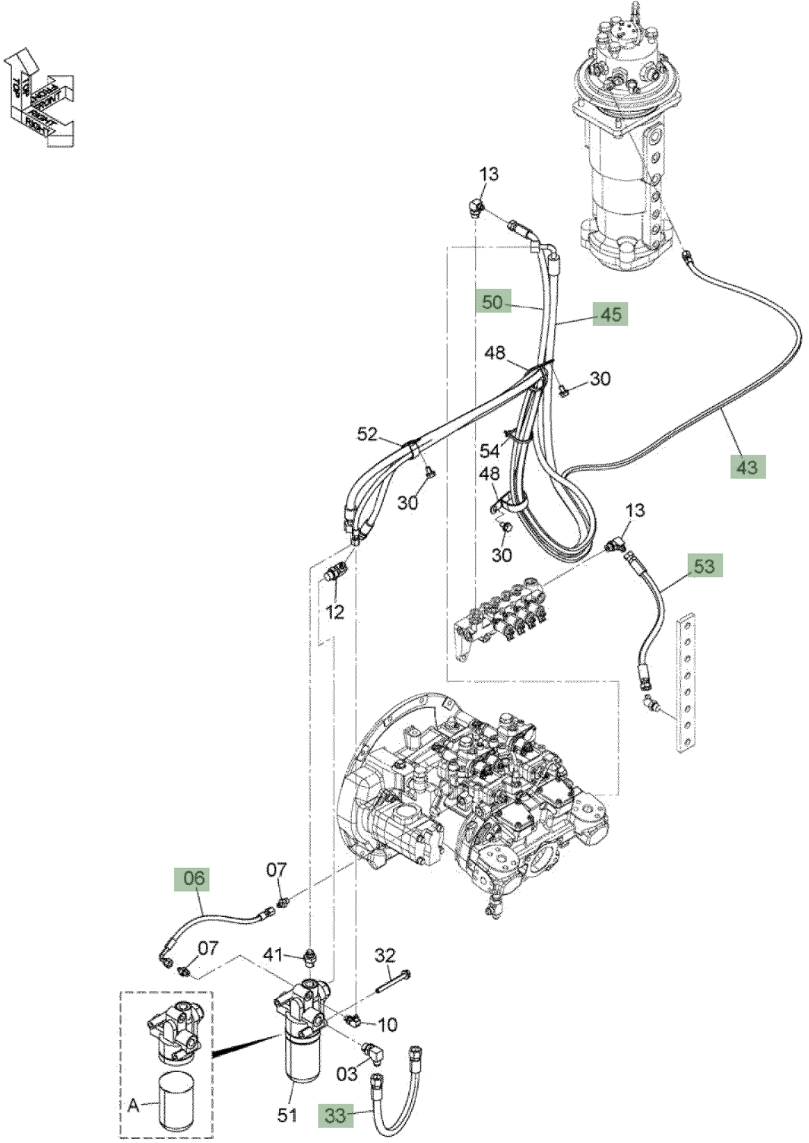Hitachi ZX210W-3 installation diagram showing hydraulic hose 4305255 at Pipe No. 33