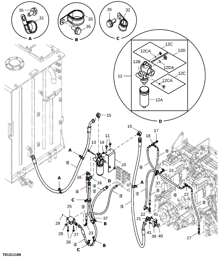 Hitachi EX1200-7 installation diagram showing hydraulic hose 4349413 at Pipe No. 2