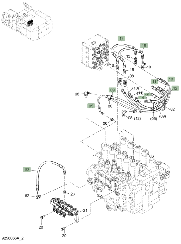 Hitachi ZX650LC-3 installation diagram showing hydraulic hose 4634363 at Pipe No. 63