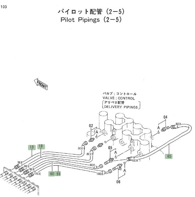 Hitachi EX700 installation diagram showing hydraulic hose 4364435 at Pipe No. 18