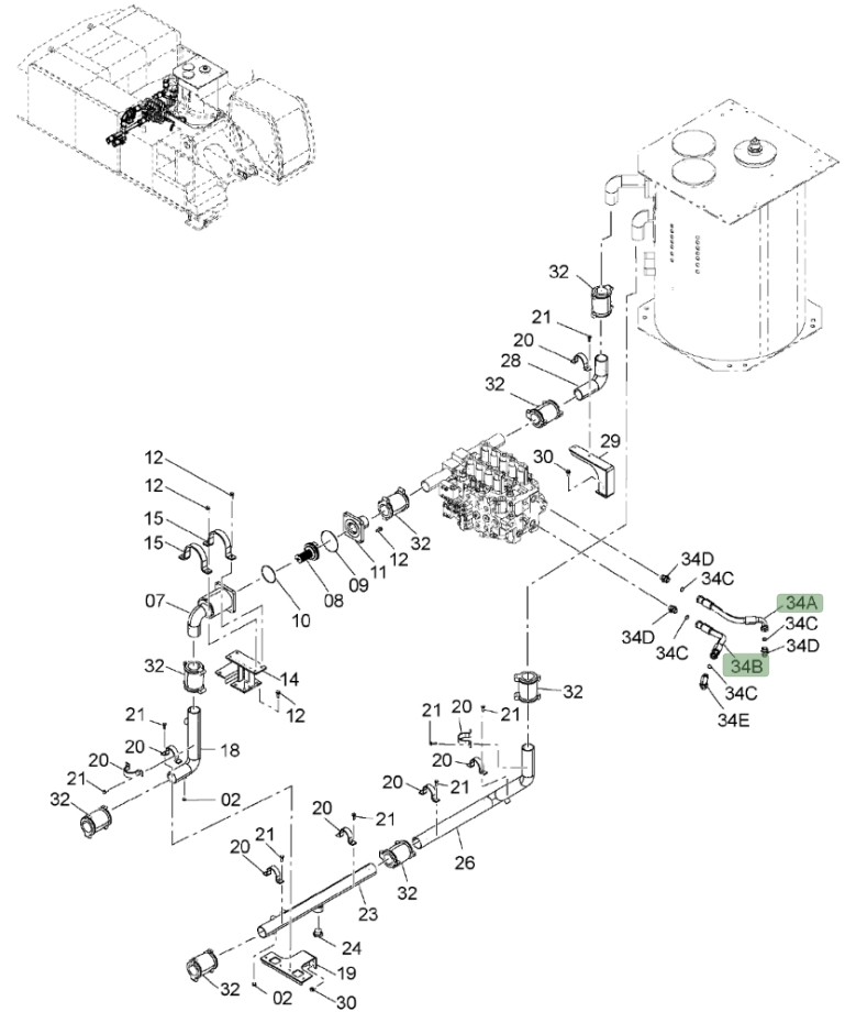 Hitachi ZX850LC-3 installation diagram showing hydraulic hose 4640278 at Pipe No. 34A