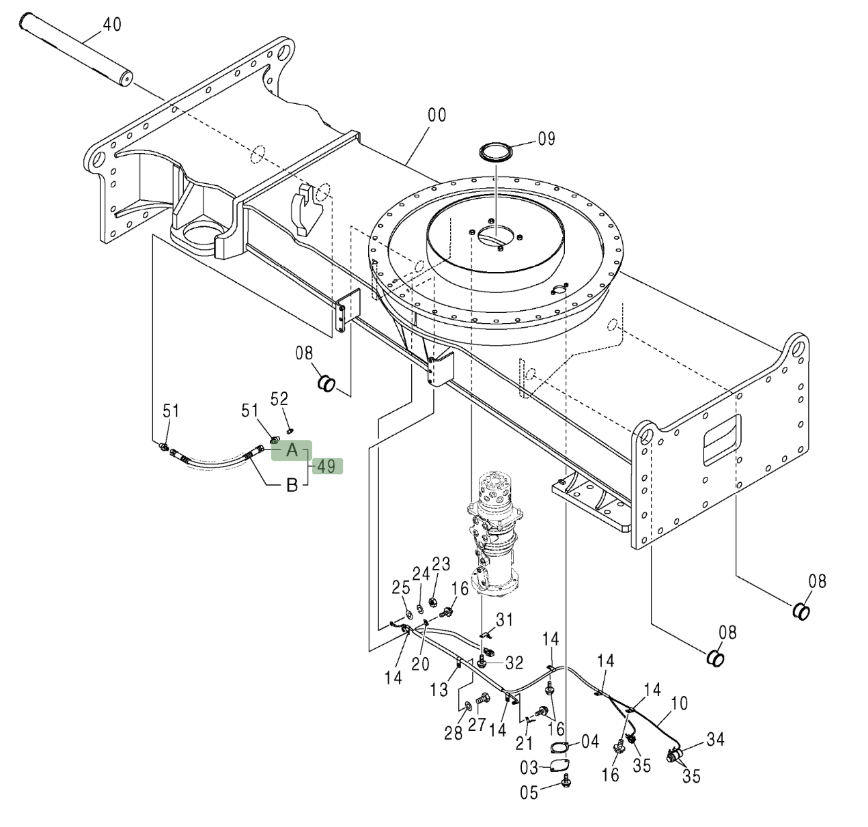 Hitachi ZX210W installation diagram showing hydraulic hose 9225799 at Pipe No. 49
