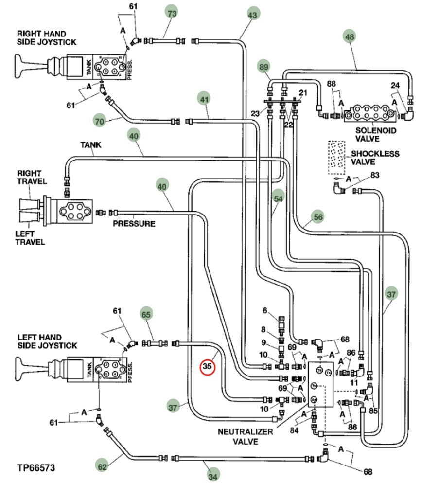 Hitachi EX330-5 installation diagram showing hydraulic hose 4373560 at Pipe No. 73