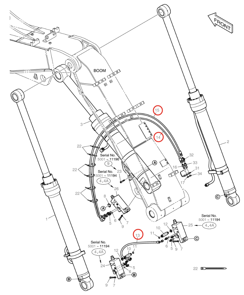 Doosan DX140W installation diagram showing hydraulic hose 2184-1046D216 at Pipe No. 14