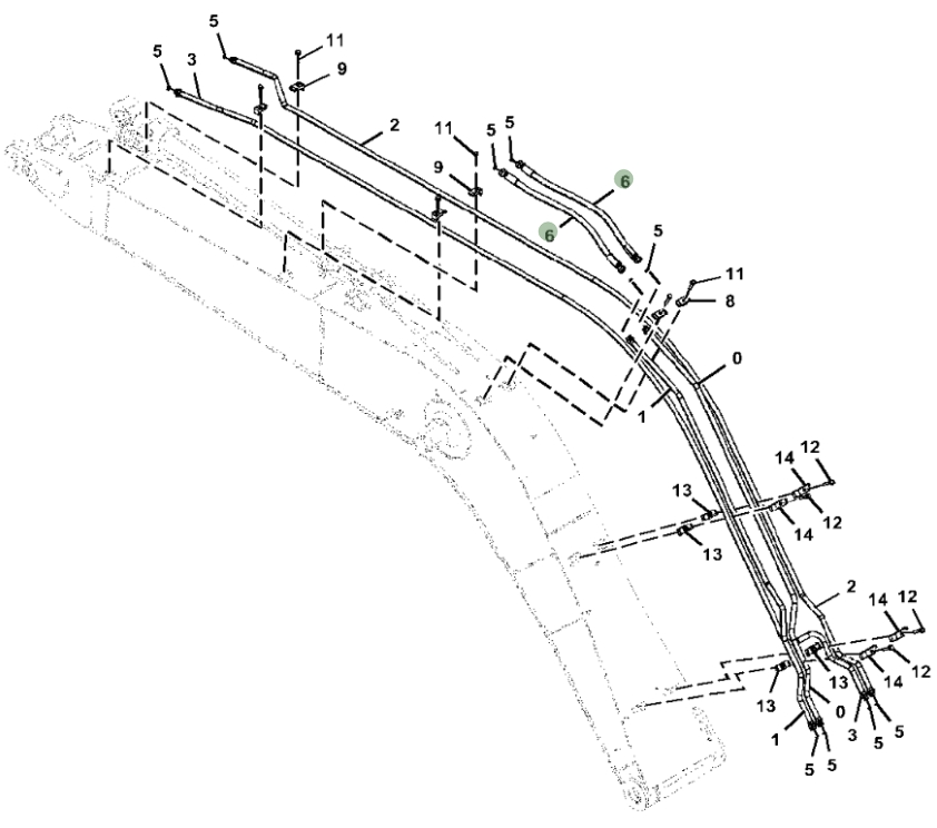 Hitachi ZX160LC-5N installation diagram showing hydraulic hose 4628514 at Pipe No. 6