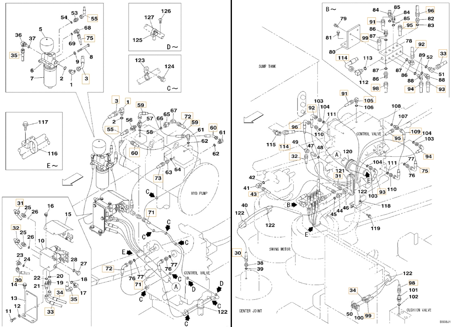 Case CX800B installation diagram showing hydraulic hose 167873A1 at Pipe No. 35